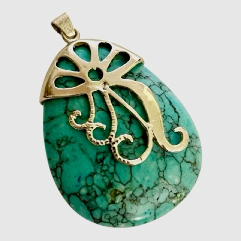 Vintage Sterling Silver White Gold Plated Indian Turquoise Pendant Veined Stone